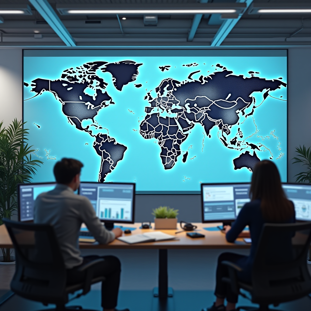 Современный офис с картой мира и логистическими схемами на стене, компьютеры с графиками международных маршрутов, профессиональная атмосфера образовательного центра