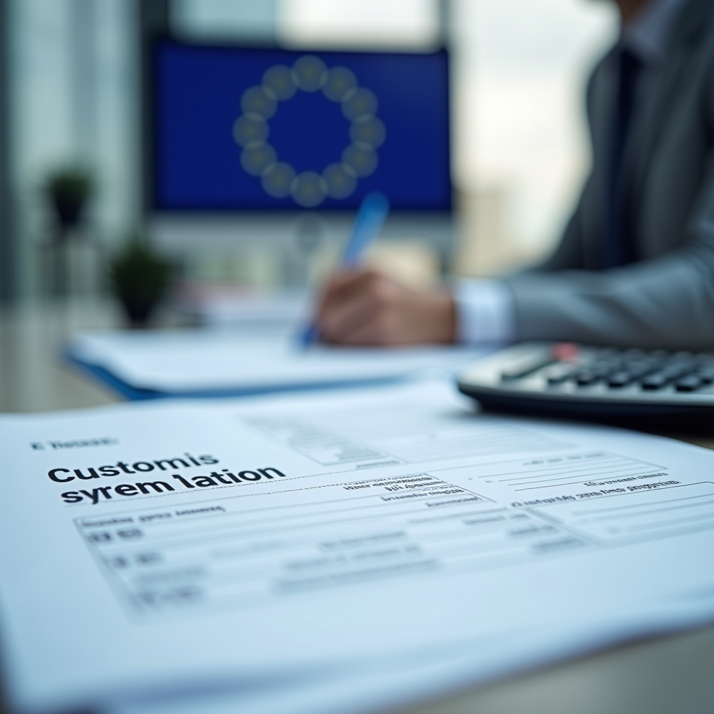 Таможенная декларация с калькулятором и документами на столе, европейский флаг на фоне, профессиональная фотография офисного стола с таможенными формами