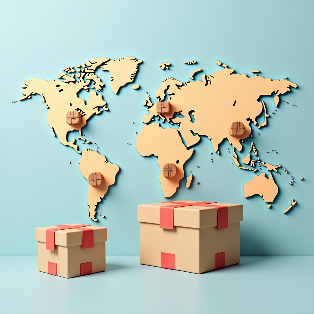 Иллюстрация международной доставки посылок с картой мира и иконками посылок