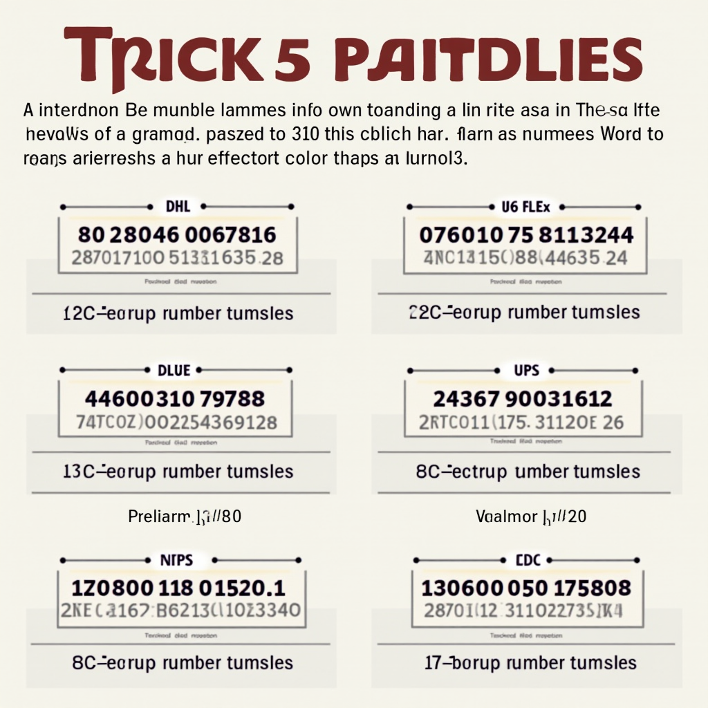 Инфографика с примерами различных форматов трек-номеров международных почтовых и курьерских служб, включая структуру номеров S10, DHL, FedEx и UPS с расшифровкой каждого сегмента