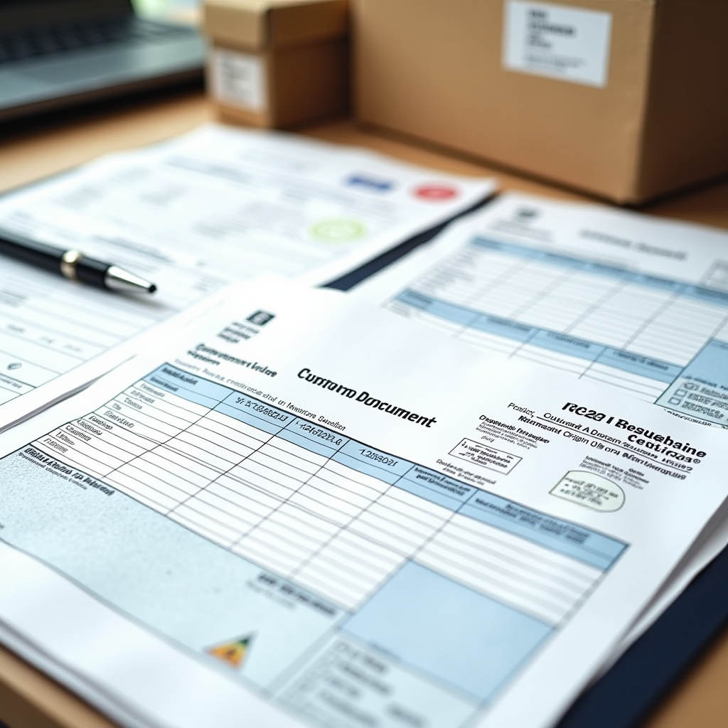 Detailed illustration showing various customs documents including CN22 and CN23 forms, commercial invoices, and certificates of origin laid out on a desk with a pen and official stamps, representing international parcel documentation from CIS to EU