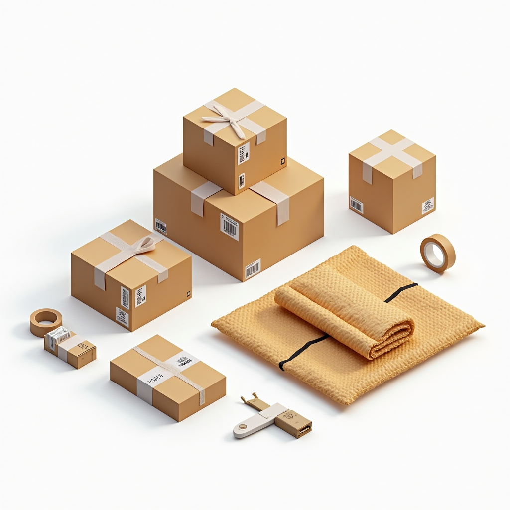 Detailed illustration of proper international parcel packaging showing bubble wrap, protective materials, cardboard boxes, packing tape, and labeling tools arranged to demonstrate safe packaging methods for international shipping