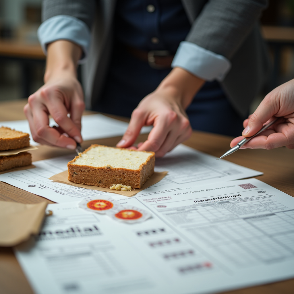 Таможенный контроль продуктов питания: инспектор проверяет упакованные продукты, на столе лежат документы с печатями, фитосанитарные сертификаты и образцы продукции для анализа