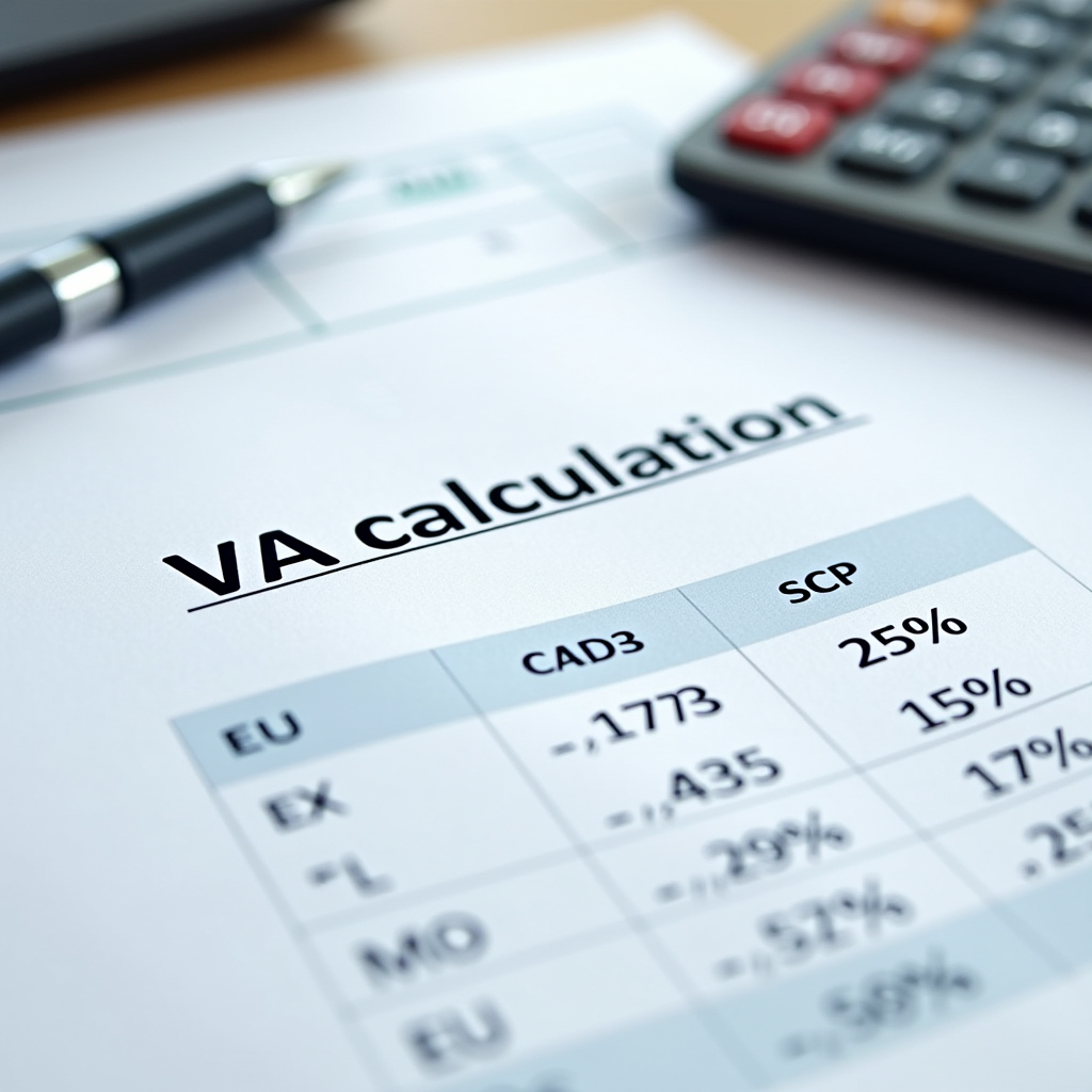 Пример расчёта НДС на бумаге с калькулятором, таблица с процентными ставками по странам ЕС, деловая фотография