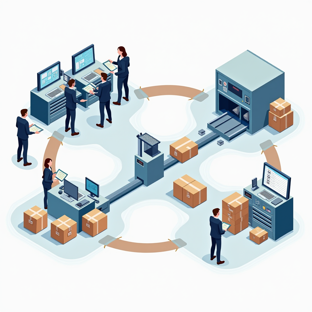 Иллюстрация процесса таможенной обработки международных посылок с изображением таможенного терминала, сканирующего оборудования, инспекторов за работой и стопок посылок на различных этапах проверки