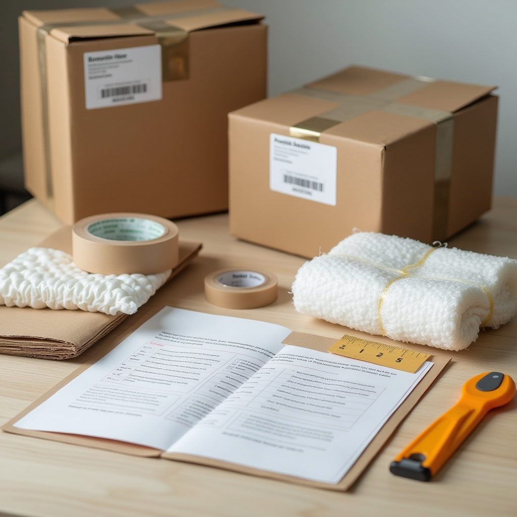 Practical demonstration of proper international parcel packaging showing bubble wrap, protective materials, sturdy cardboard boxes, packing tape, fragile labels, and correctly addressed shipping labels arranged on a workspace with measuring tools
