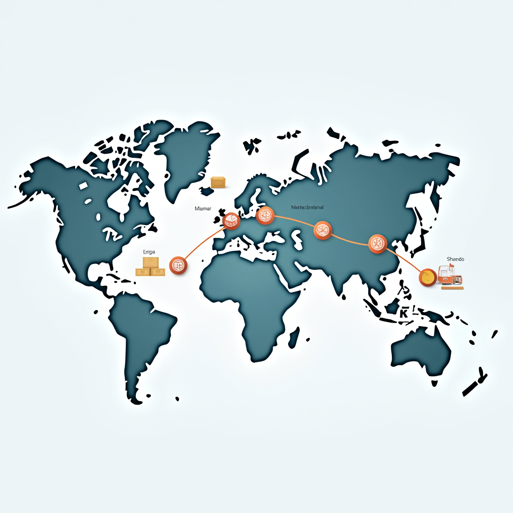 Educational illustration of international parcel tracking system showing tracking number, world map with route from CIS to Europe, checkpoint markers, customs processing stages, and timeline indicators for transit duration