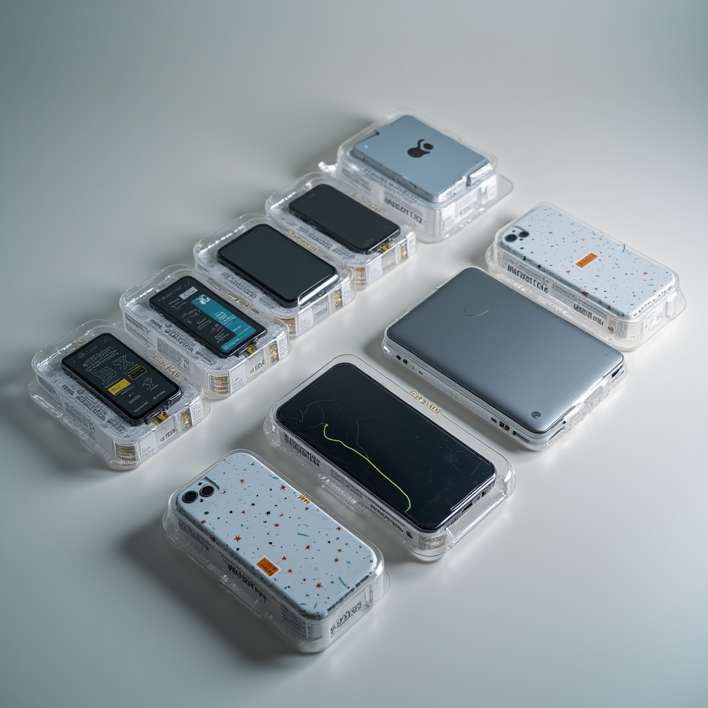 Безопасная упаковка электроники: смартфоны и ноутбуки в защитной упаковке, предупреждающие наклейки о литиевых батареях, специальные изоляционные материалы, маркировка CE