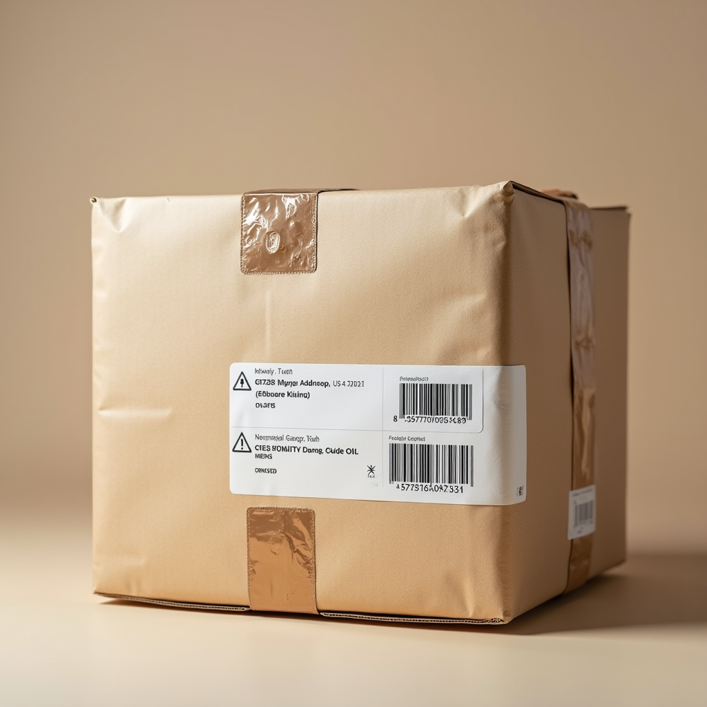 Правильно промаркированная посылка для международной доставки: четкие адресные наклейки, штрих-коды, предупреждающие знаки 'Хрупкое' и 'Верх', таможенная декларация