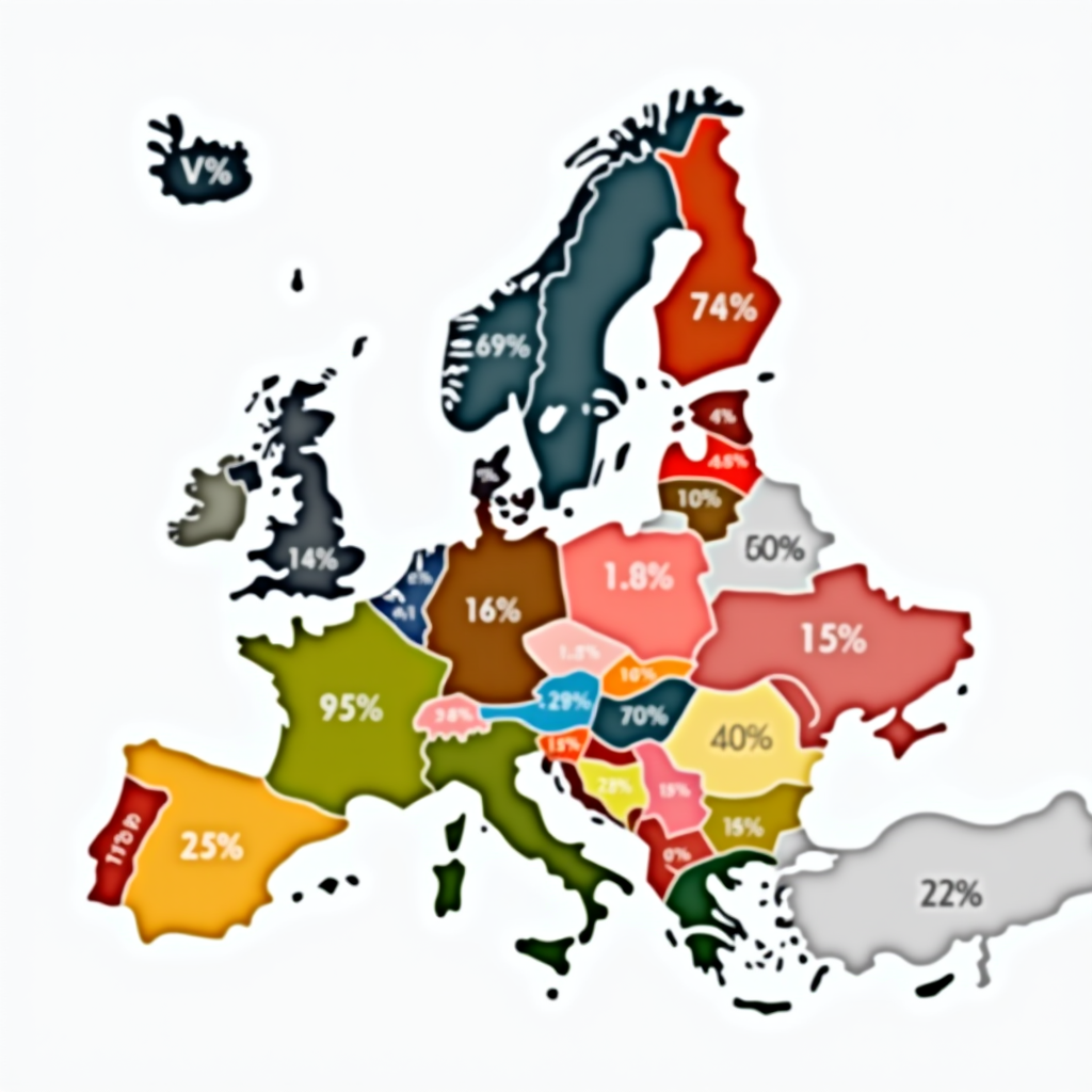 Карта Европы с цветовой кодировкой ставок НДС по странам, инфографика с процентами, профессиональная визуализация данных
