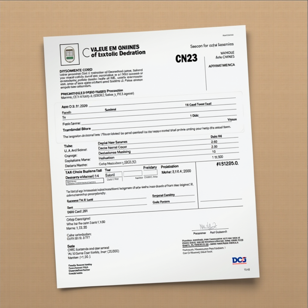 Заполненная таможенная декларация CN23 с детальным описанием содержимого посылки, стоимостью предметов, подписью отправителя, прикрепленная к международной посылке