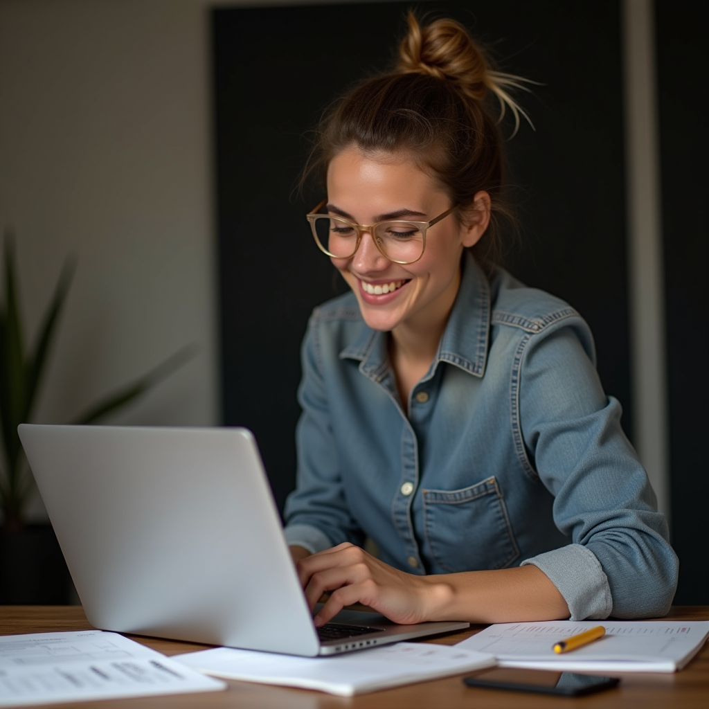Человек успешно изучает информацию на ноутбуке, довольное выражение лица, заметки и чек-листы на столе, атмосфера понимания и уверенности в процессе обучения