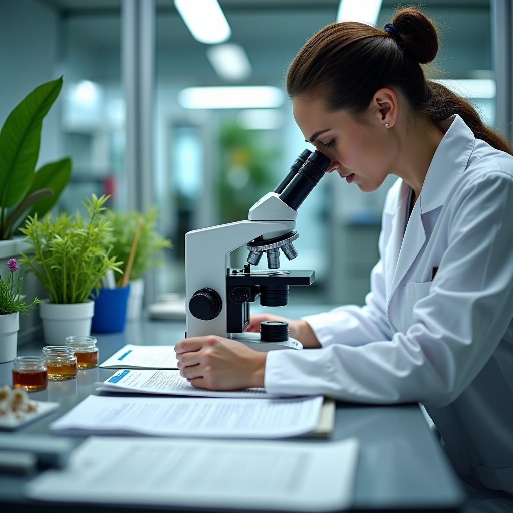 Фитосанитарный контроль растений: специалист в лаборатории проверяет образцы растений под микроскопом, на столе фитосанитарные сертификаты, пробирки с образцами, карантинные документы