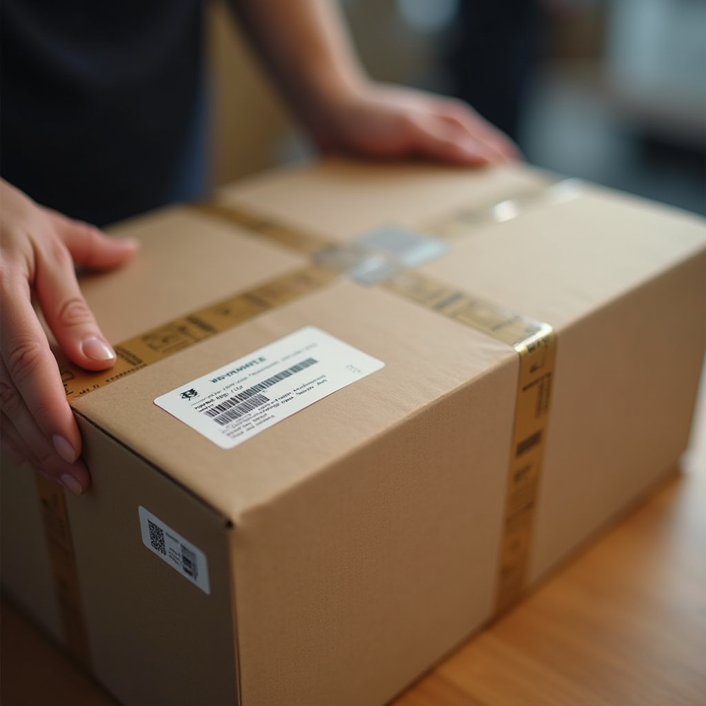 Финальная проверка готовой к отправке посылки: руки проверяют прочность упаковки, качество заклеивания, читаемость адресов и наличие всех необходимых маркировок