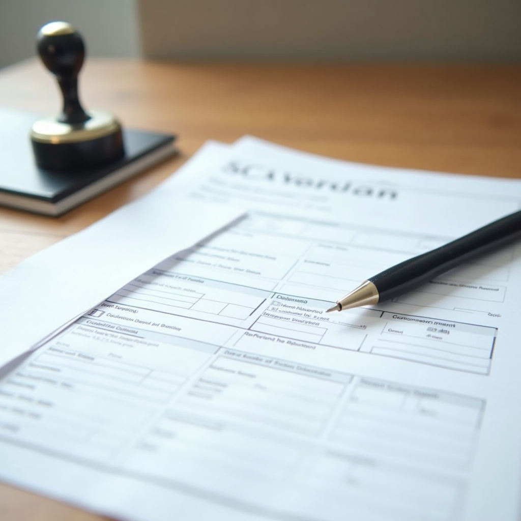 Образцы таможенных деклараций CN22 и CN23 на столе, заполненные формы, ручка и печать, профессиональная фотография документов